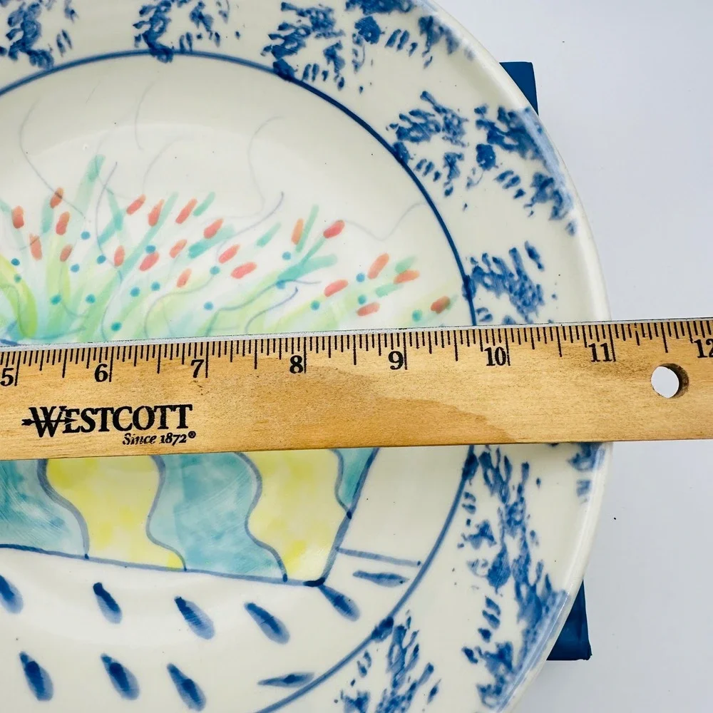 Vintage Jane Signed Hand Painted Ceramic Floral Bowl Blue Yellow 1992 11